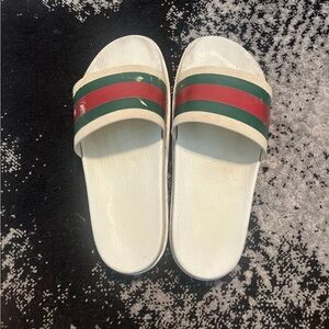 White Slides with Red and Green Stripes